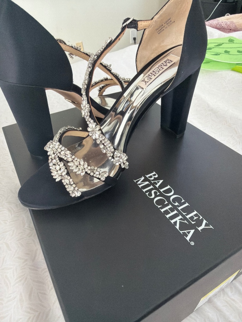 Badgley Mischka black satin heels featuring sparkling rhinestone embellishments